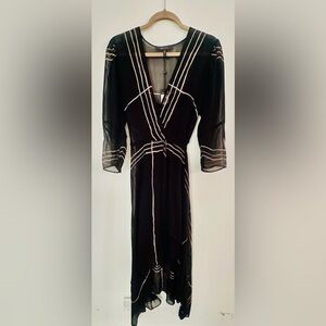 BCBG Maxazria long sleeve chiffon with gold trim dress Size M NWT